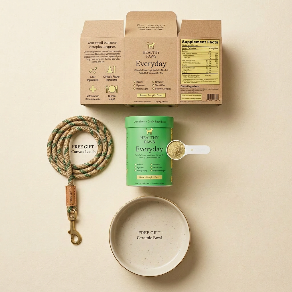 Healthy Paws Starter Kit bundle with dog bowl, treats, leash and wellness jar